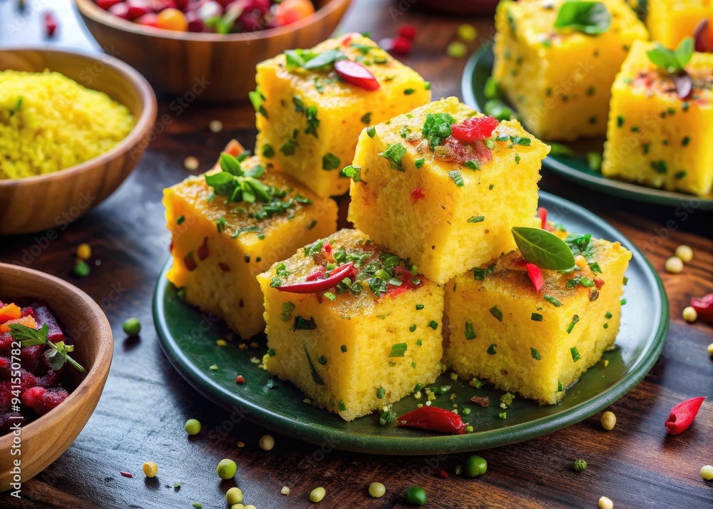 Bollywood Masala Dhokla: Festive street food, vibrant pinks and yellows, energetic mood Bollywood Masala Dhokla: Festive street food, vibrant pinks and yellows, energetic mood