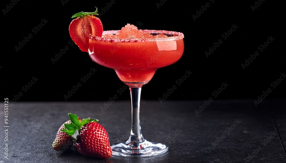 strawberry margarita isolated on a black background served on a bar top
