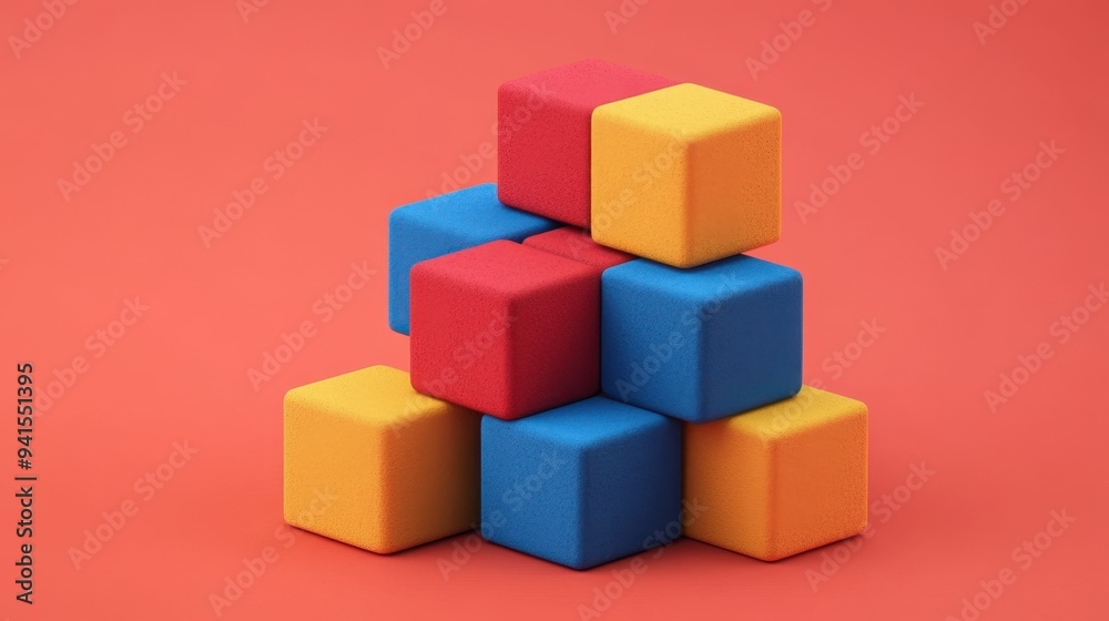 Vibrant Colored Blocks Stacked Creatively on Red Background Vibrant Colored Blocks Stacked Creatively on Red Background