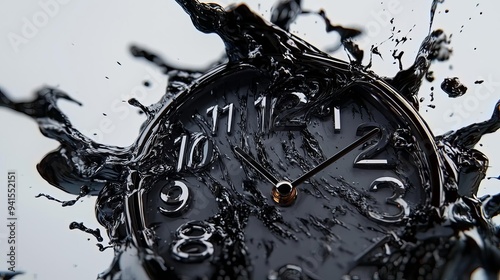 A black clock emerging from a splash of water, symbolizing the passage of time and fluidity in a dynamic and artistic manner.