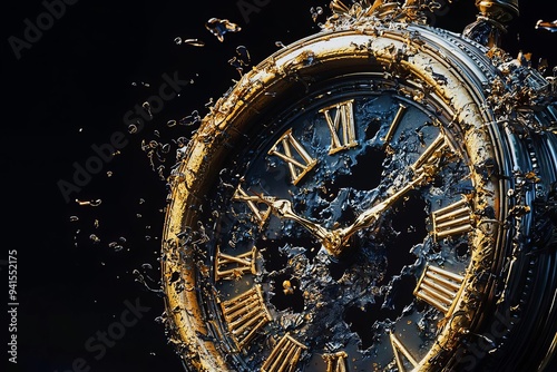 A stunning vintage clock submerged in water, showcasing the beauty of time and elegance with golden details and vibrant splashes.