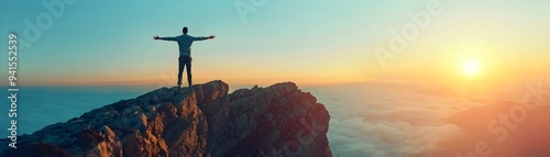 Man Stands Triumphantly on Cliff s Edge Embracing and Freedom