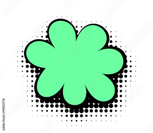 A mint green floral graphic with a pop art feel stands out with bold black contours against a white background, punctuated by a halftone dot pattern for added visual interest.