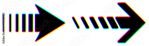 Set of glitch-effect arrows with vibrant hues and distortion. Vector illustration ideal for digital and tech designs.