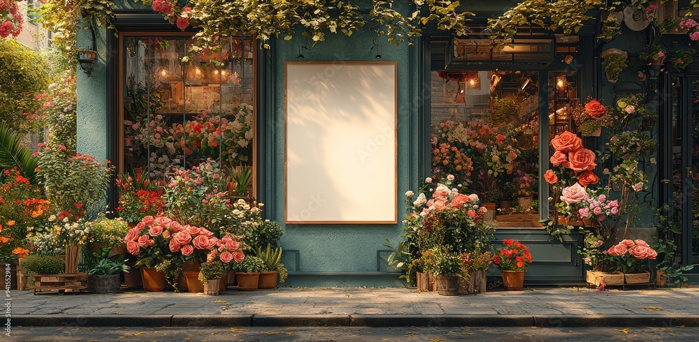 Typical flower or rose shop welcome window with blank clean signboard - street outdoor view Typical flower or rose shop welcome window with blank clean signboard - street outdoor view