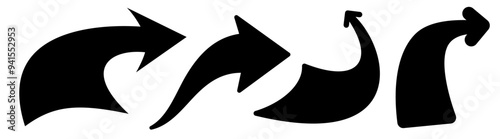 A set of large bold curved arrow icons in black, showcasing smooth and flowing shapes for creative navigation and direction. Vector illustration.