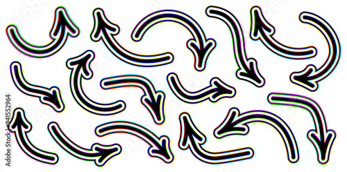 Set of glitch-style curved arrows with vibrant distortion effects. Vector illustration ideal for tech and creative projects.