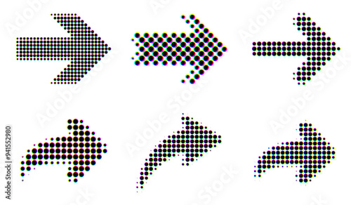 A set of bold dotted arrow icons featuring different directional styles and vibrant glitch effect, ideal for digital navigation. Vector illustration.