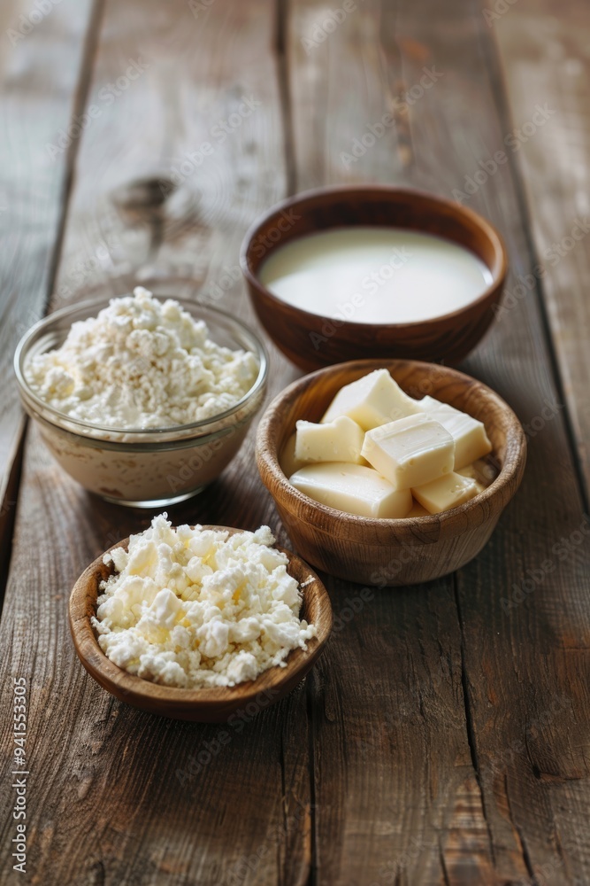 Rustic Dairy and Flour Display on Wooden Tabletop with Natural Decor Rustic Dairy and Flour Display on Wooden Tabletop with Natural Decor