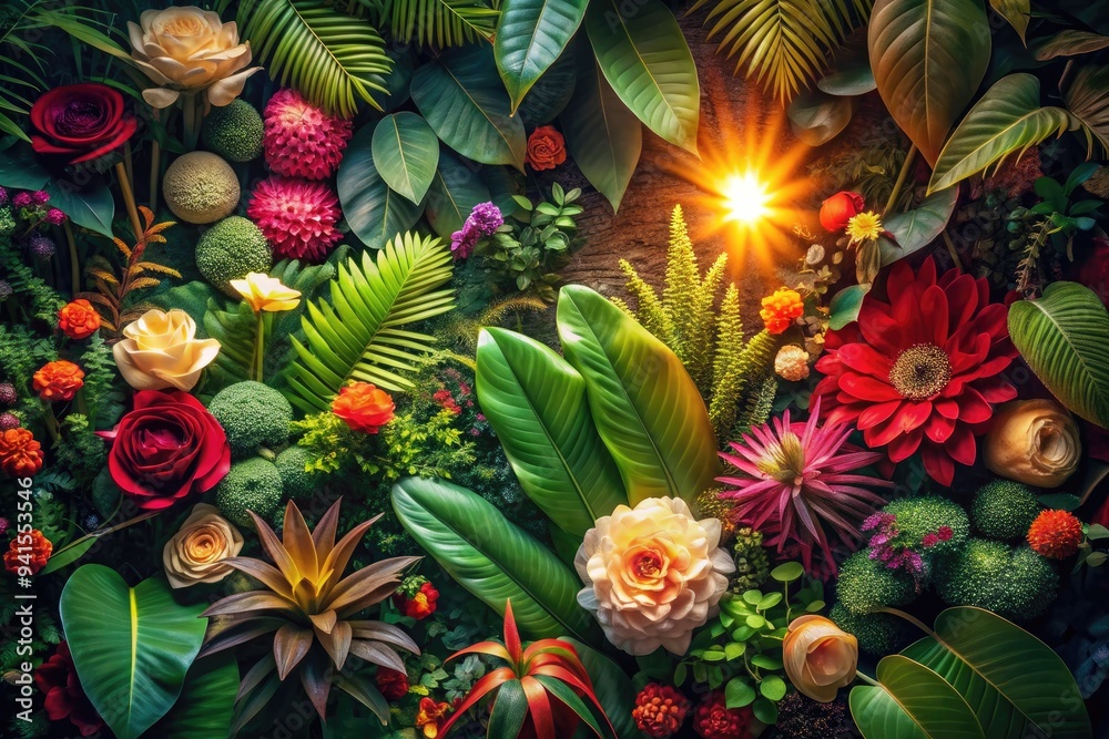 Fototapeta premium Botanical Radiance: Lush greenery, vibrant flowers, intricate leaf patterns, natural textures, warm lighting