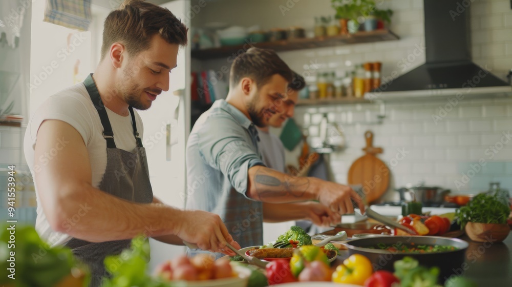 Stock Photography, Gay dads cooking with teenage twins. Modern kitchen, colorful aprons. Teens prepare sides, dads work on main dish Stock Photography, Gay dads cooking with teenage twins. Modern kitchen, colorful aprons. Teens prepare sides, dads work on main dish