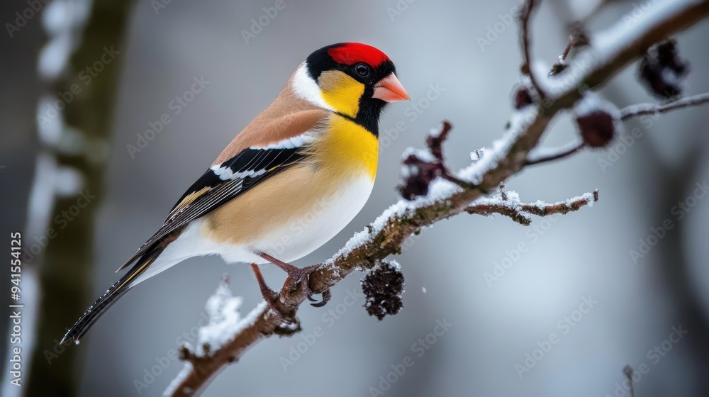 Goldfinch perched on a snowy branch Goldfinch perched on a snowy branch