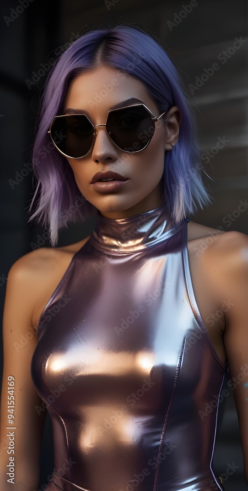 Naklejka premium Futuristic woman exudes bold elegance in neon-lit cityscape