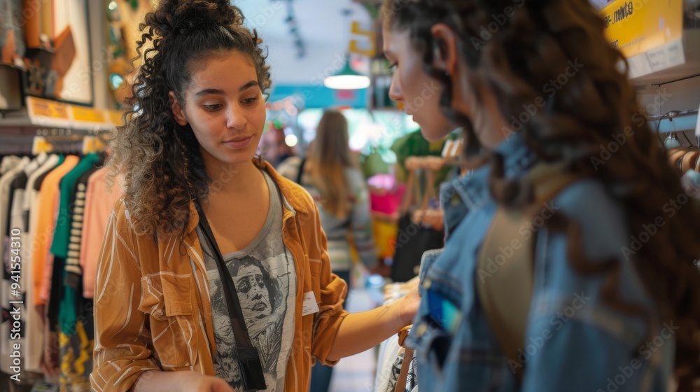 Stock Photography, Non-binary retail worker assisting customer. Trendy clothing store, helping select outfits. Other shoppers browsing in background Stock Photography, Non-binary retail worker assisting customer. Trendy clothing store, helping select outfits. Other shoppers browsing in background