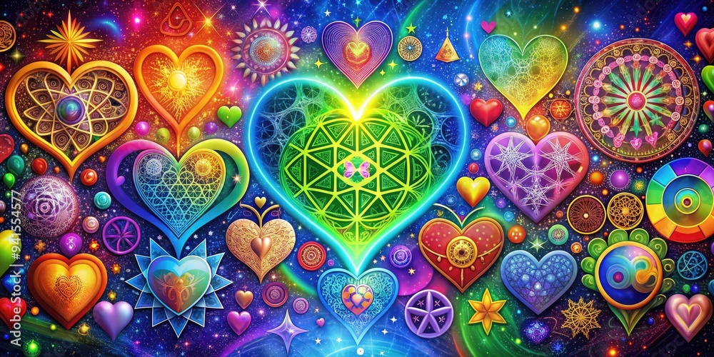 Fototapeta premium Boundless Compassion: Caring (unconditional, universal), Symbol (interconnected hearts, global symbols), Mood/Style ( expansive, inclusive), Technical (digital art, generative AI)