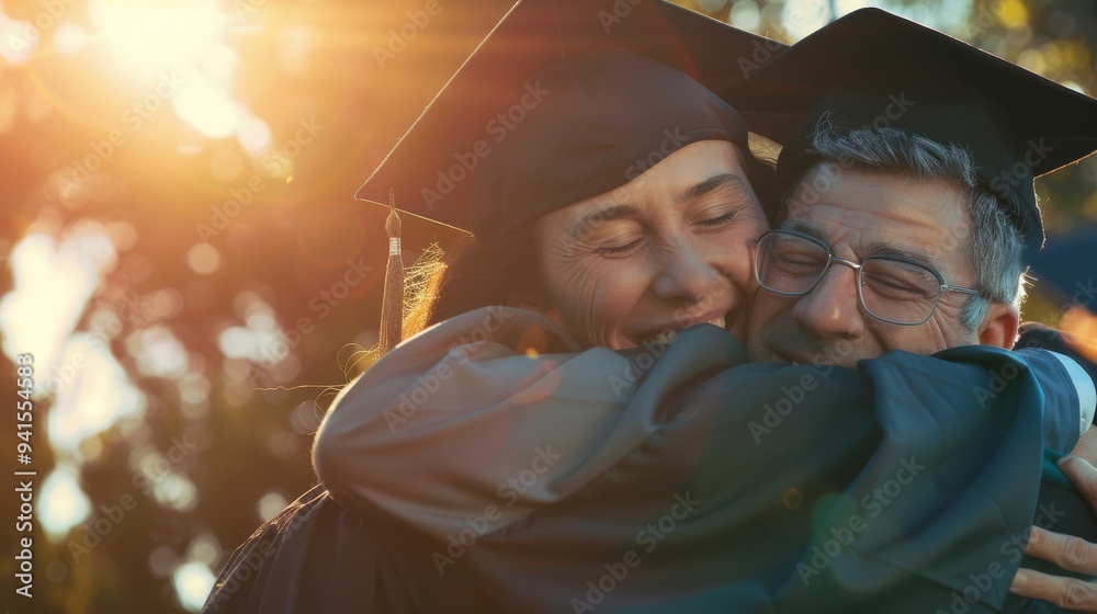 Fototapeta premium Stock Photography, Gay parents at child's graduation. Proud expressions, taking photos. Graduate in cap and gown hugging both dads