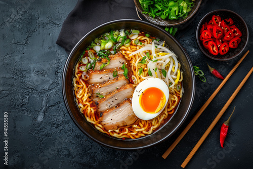 A steaming bowl of ramen wi...