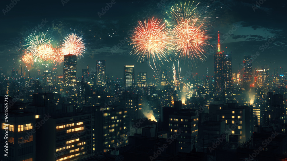 Obraz premium Illuminated High-Rises and Fireworks in the Night Sky