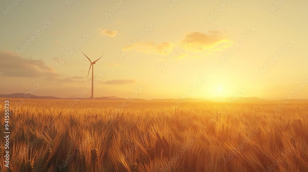 Obraz premium A serene landscape featuring a wind turbine at sunset, surrounded by golden wheat fields, symbolizing renewable energy and nature.
