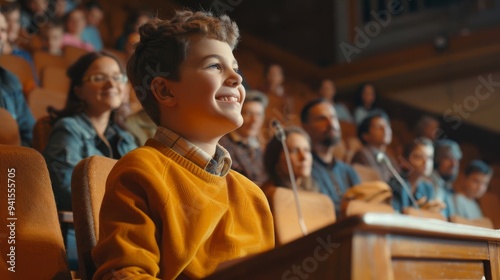 Stock Photography, Gay dads cheering at child's debate competition. Auditorium setting, proud expressions. Child confidently speaking at podium, judges listening