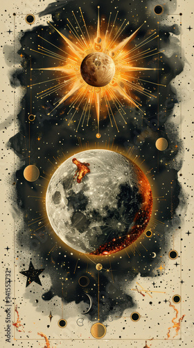 vintage, astrological aesthetic, retro futuristic background design, solid beige background and golden objects