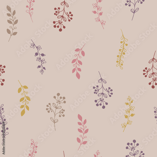 Various hand-drawn herbal elements on a light background, an elegant botanical pattern in soft pastel colors, herbs and branches seamless background