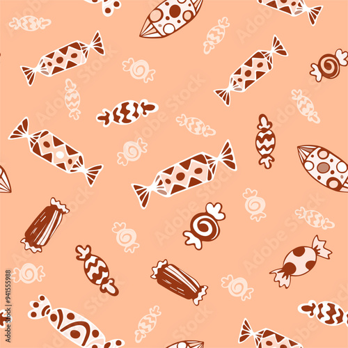 A hand-drawn retro candy background, a seamless pattern with a confectionary design, various wrapped candies tossed on a peach fuzz background