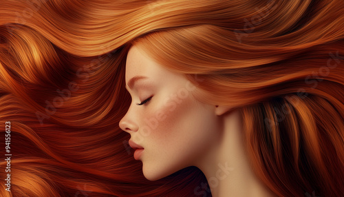 Redhead young woman with orange long groomed hair on autumn colour orange background. ginger hair care products banner template, hair salon