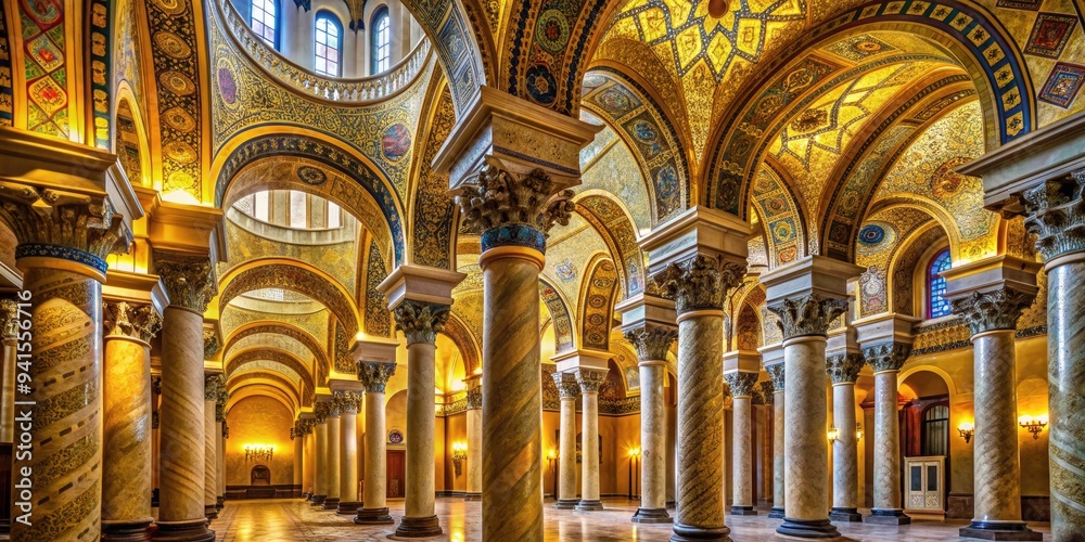 Obraz premium Byzantine Splendor: Golden-hued columns and intricate mosaics, creating a celestial ambiance within a majestic courthouse.