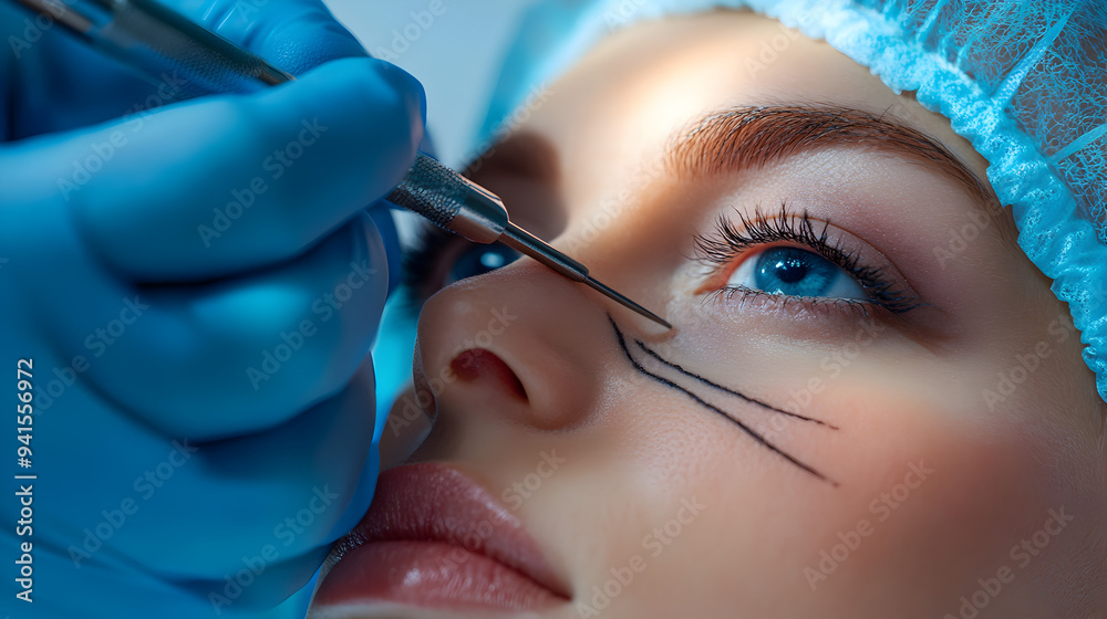 Closeup of a female model s face during a cosmetic eyebrow treatment by a professional beautician in a beauty clinic Closeup of a female model s face during a cosmetic eyebrow treatment by a professional beautician in a beauty clinic
