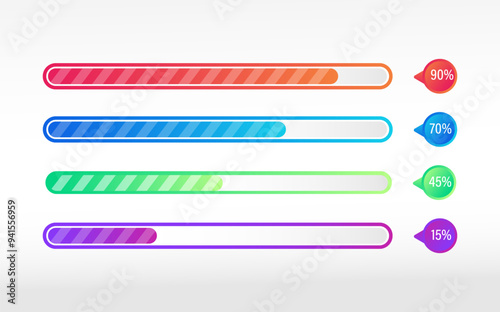 Loading indicators set. Download or load process. Lines percentage diagrams vector collection. Loader percentage progress bars.