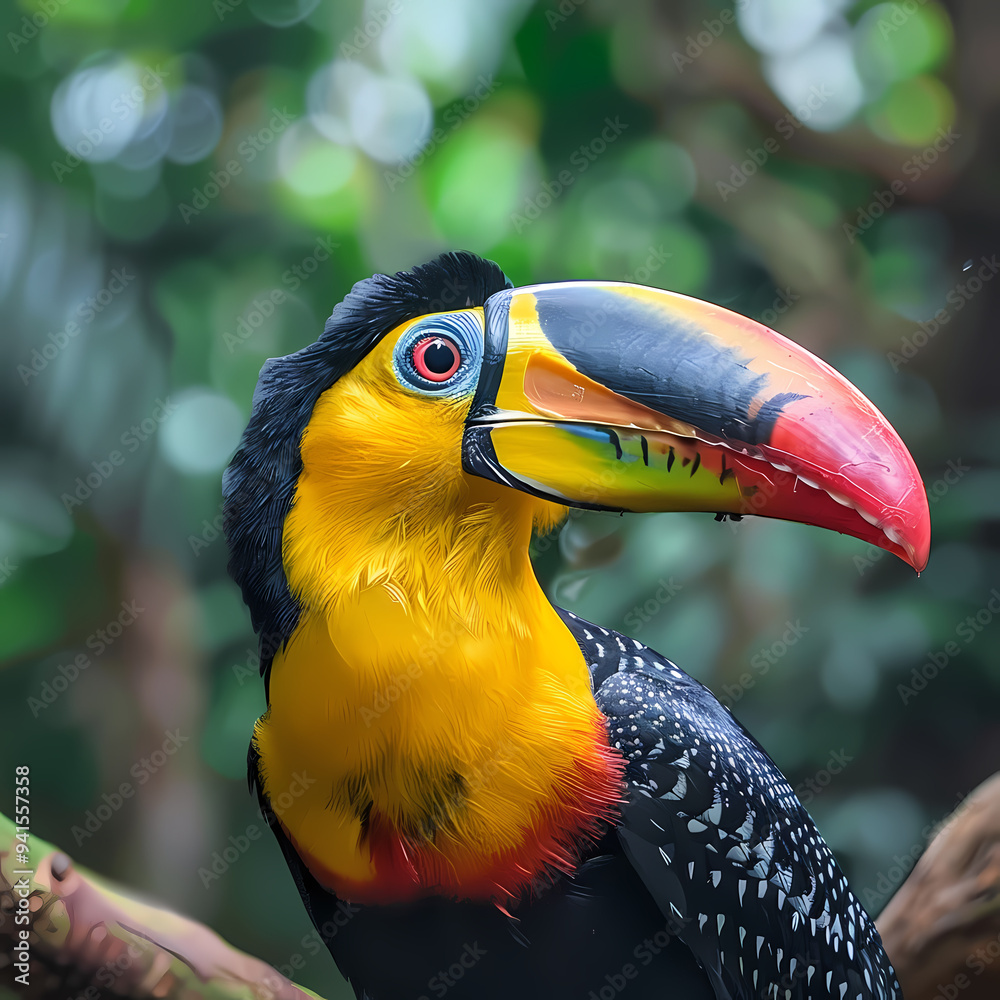 Naklejka premium Yellow-breasted toucan,Luxurious yellow-breasted toucan with an open tail