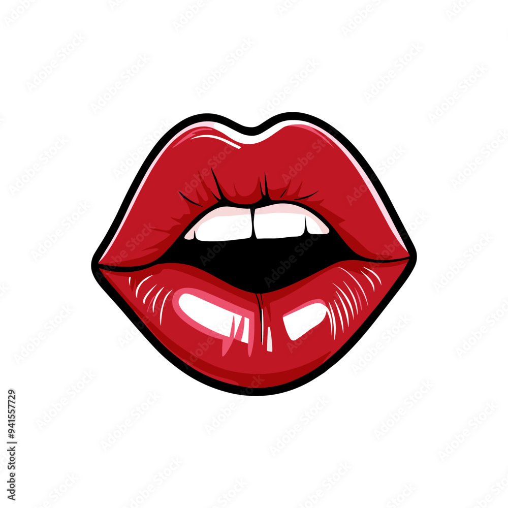 Obraz premium Glossy colored and sexy red lips. Vector illustration isolated on white background. Hot kiss sticker lips with red lipstick