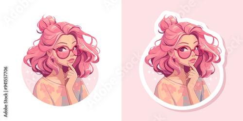 Vector illustration girl with pink hair japaneese anime style with big eyes Manga Anime cute girl Cartoon trendy sticker isolated