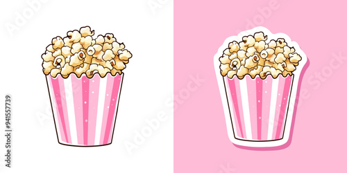 Popcorn in a pink striped bucket illustration flat design. Pop corn box isolated on white background. Cartoon sticker cinema food