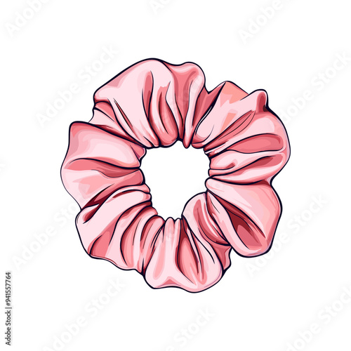 Scrunchy for girls: silk pink scrunchie for hair accessor . Cute tools for relaxation and self-care. Vector isolated on white.