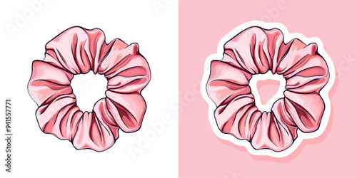 Scrunchy for girls: silk pink scrunchie for hair accessor . Cute tools for relaxation and self-care. Vector isolated on white.