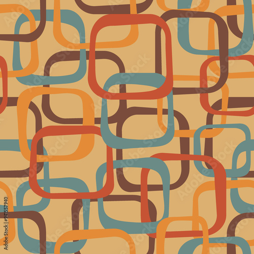 An abstract seamless pattern in retro style, 70s style background with funky squares in orange, brown, red and blue, overlapping rectangles vintage wallpaper