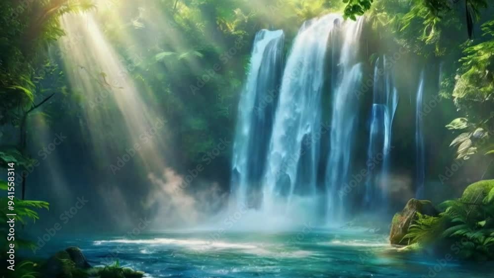 Majestic waterfall in a tropical forest illuminated by stunning sunrise light Majestic waterfall in a tropical forest illuminated by stunning sunrise light