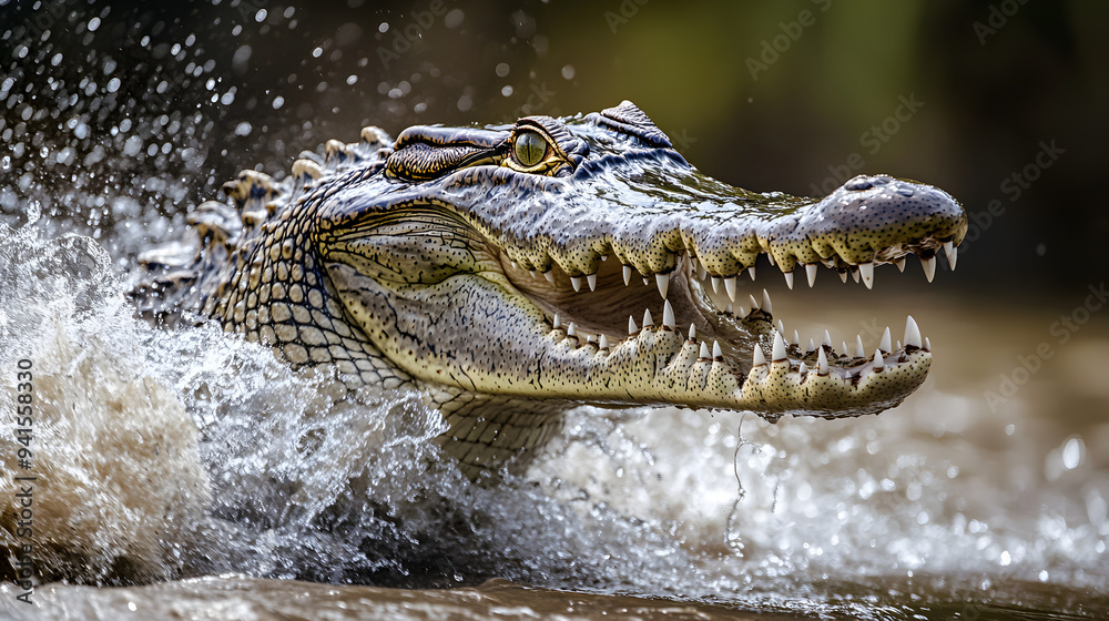 Obraz premium Fierce Alligator Lunging from Water with Jaws Open in Dramatic Attack