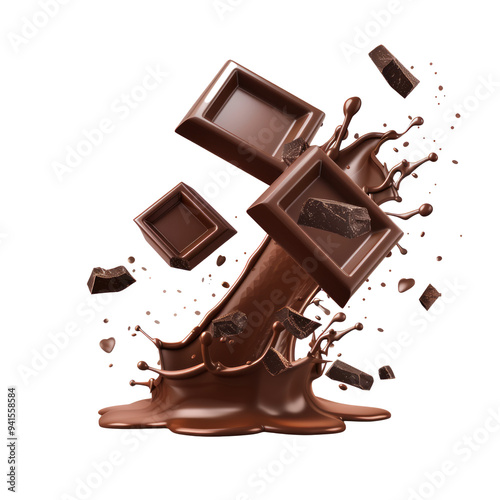 dark chocolate in mid-flight against a pure white backdrop.