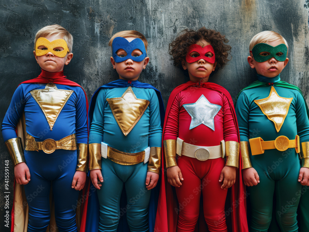 Obraz premium Four children in superhero costumes stand in a row