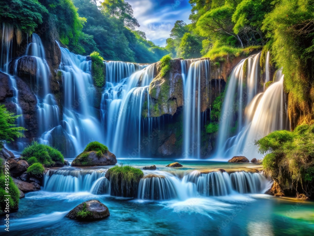 Obraz premium Cascading Serenity: Majestic waterfalls, swirling eddies, soothing sounds, deep blues, flowing patterns