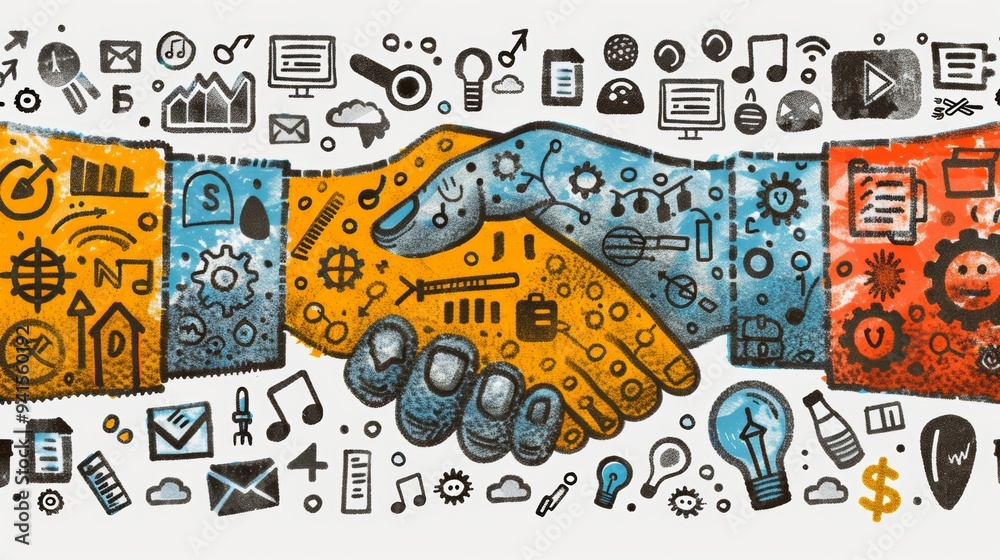 Obraz premium Illustration of Handshake Representing Mitigating Cybersecurity and Personal Data Protection with Digital Icons