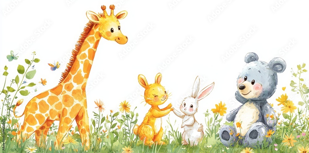 Hand drawn modern illustration of cute animals dancing and jumping in the forest. Jungle cartoon for kids parties and children events. Artistic hand drawn zoo cartoon for kids. Modern illustration Hand drawn modern illustration of cute animals dancing and jumping in the forest. Jungle cartoon for kids parties and children events. Artistic hand drawn zoo cartoon for kids. Modern illustration