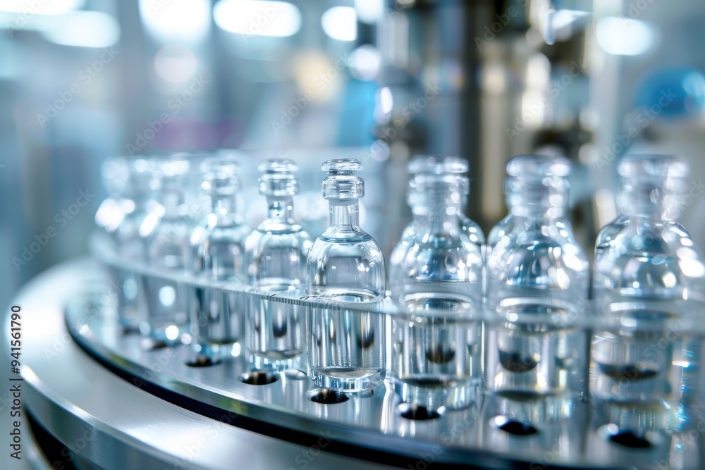 The pharmaceutical factorys automated production line showcases industrial automation in healthcare with clear glass bottles filled with liquid being processed with modern technology