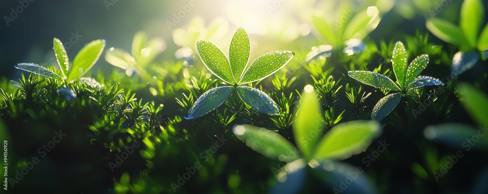 Sunlit Green Leaves with Dew Drops in a Lush Forest, Capturing the Beauty of Nature in the Morning Light Sunlit Green Leaves with Dew Drops in a Lush Forest, Capturing the Beauty of Nature in the Morning Light