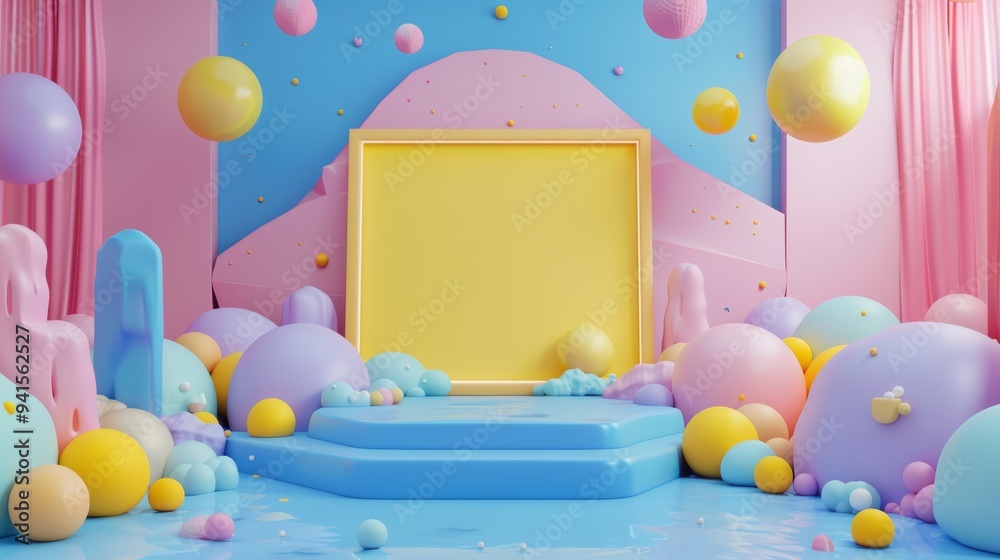 Vibrant 3D Gallery with Colorful Frame and Playful Geometric Shapes in Modern Art Style Vibrant 3D Gallery with Colorful Frame and Playful Geometric Shapes in Modern Art Style