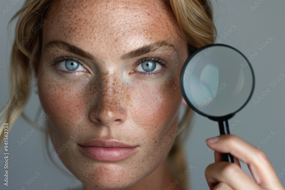 Elegant woman posing with a magnifying glass in a studio setting with a neutral backdrop