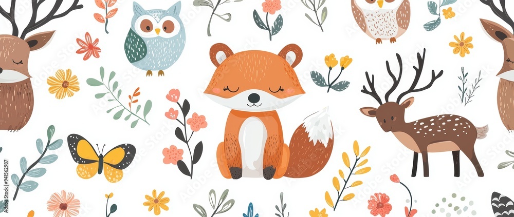 Animals, birds, and plants seamlessly woven into a seamless pattern Animals, birds, and plants seamlessly woven into a seamless pattern